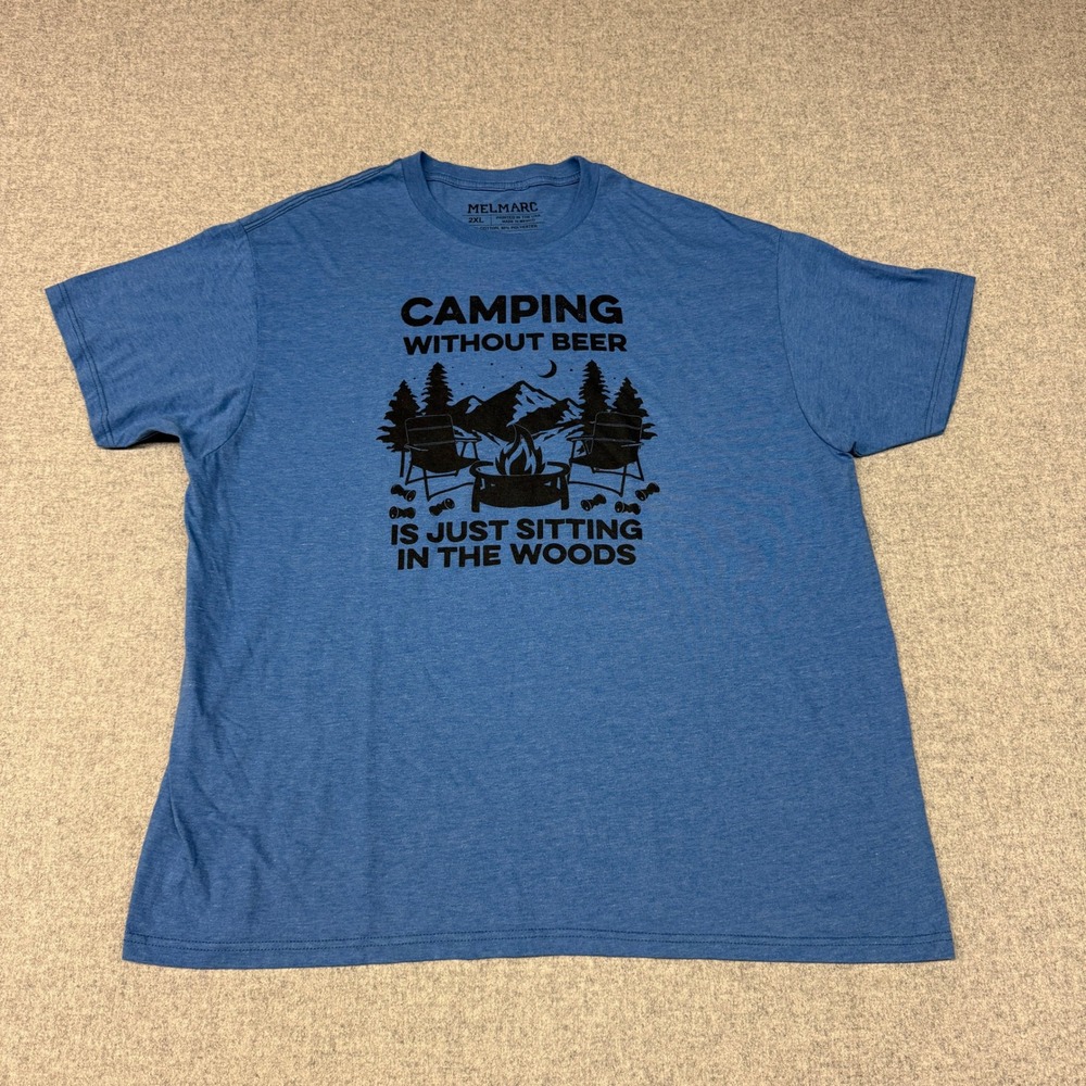 Melmarc Camping Without Beer Graphic T-Shirt 2XL Blue Short Sleeve Humor Tee